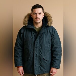 Navy Flying Jacket with Hood and Zipper Closure